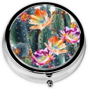 Blooming Cactus Pill Box Round Pill Case for Pocket Purse 3 Compartment Medicine Pill Organizer Cute Portable Travel Pillbox Vitamin Cod Liver Oil Storage Box Unique Gift Organizer