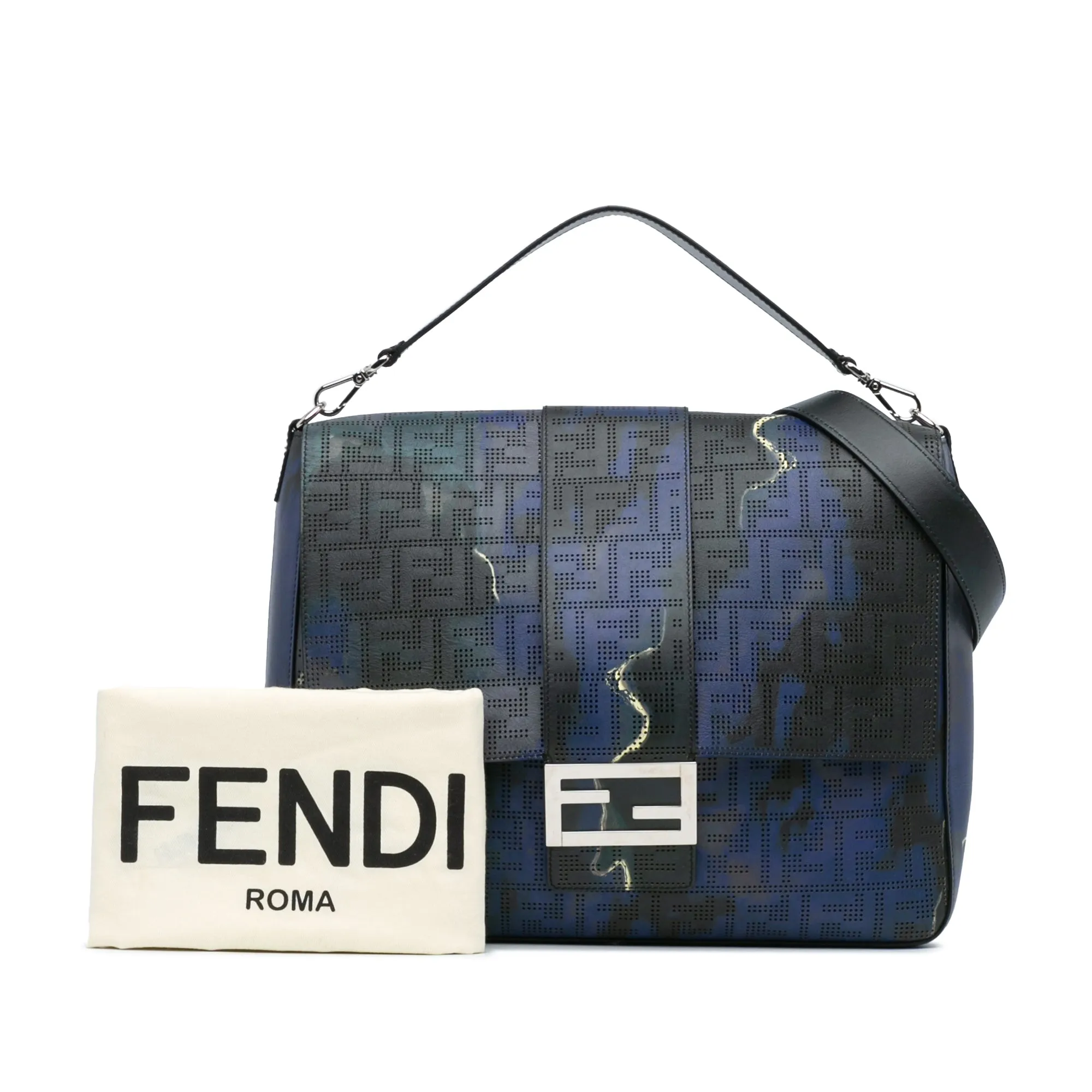 Blue Fendi Large Zucca Perforated Leather Baguette Satchel