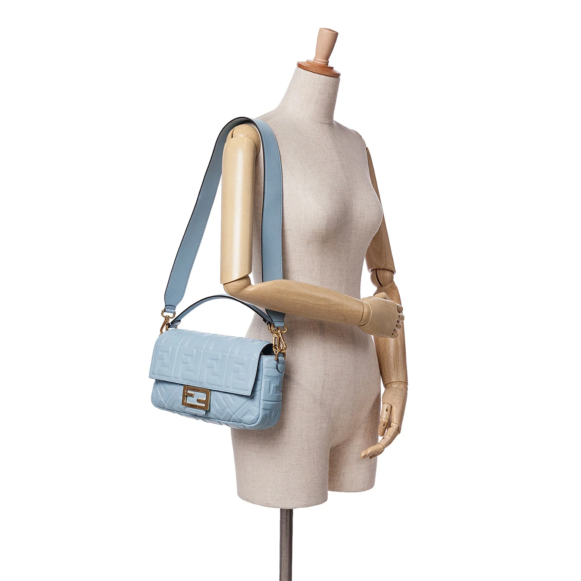 Blue Fendi Zucca Embossed Leather Baguette Satchel