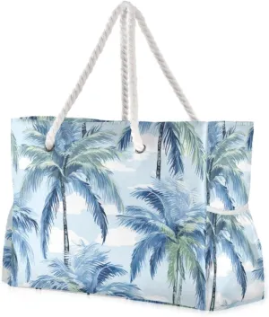Blue Green Palm Tree Beach Tote Bag for Women Extra Large Travel Tote Bags Waterproof Carry On Swim Pool Bag Beach Bags with Zipper for Gym Vacation Essentials Nurse Grocery Yoga