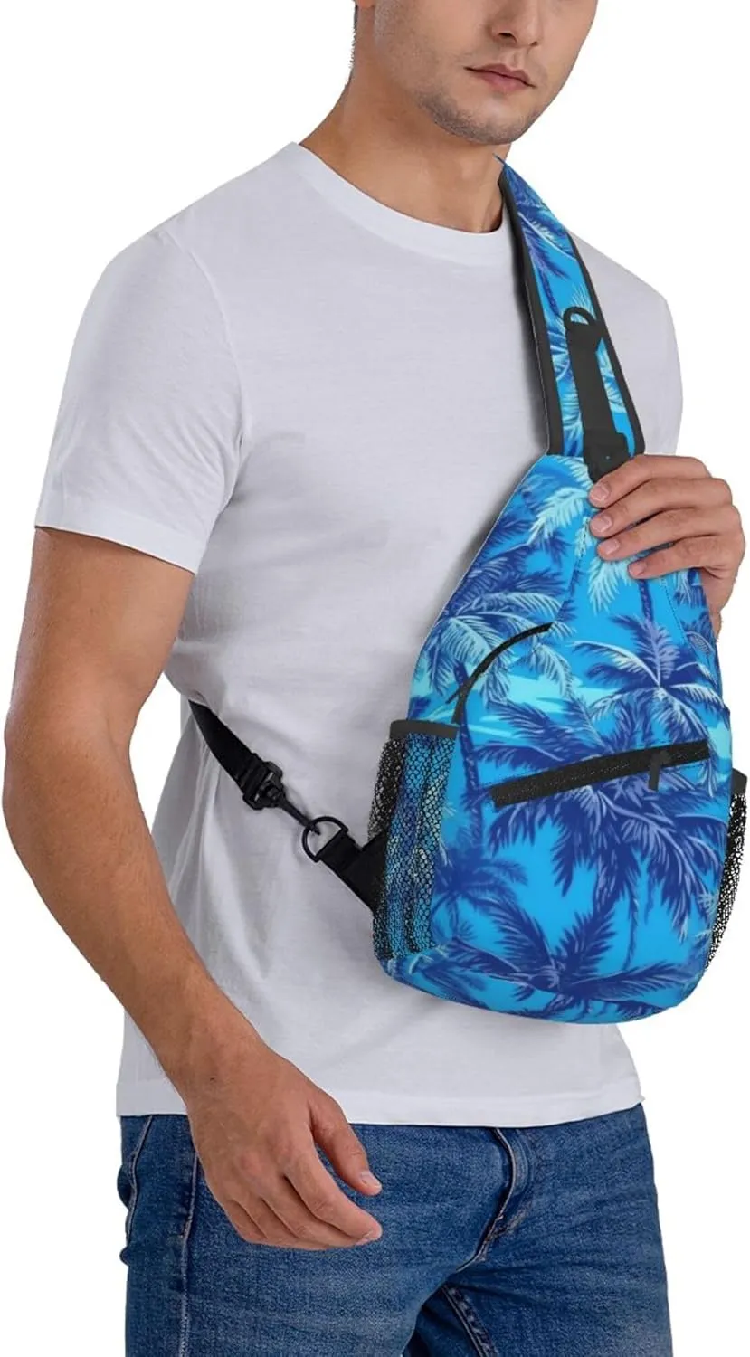Blue Hawaii Palm Tree Sling Backpack Crossbody Bag, Chest Bag Daypack Fanny Pack Cross Body Bag for Outdoors Hiking Traveling