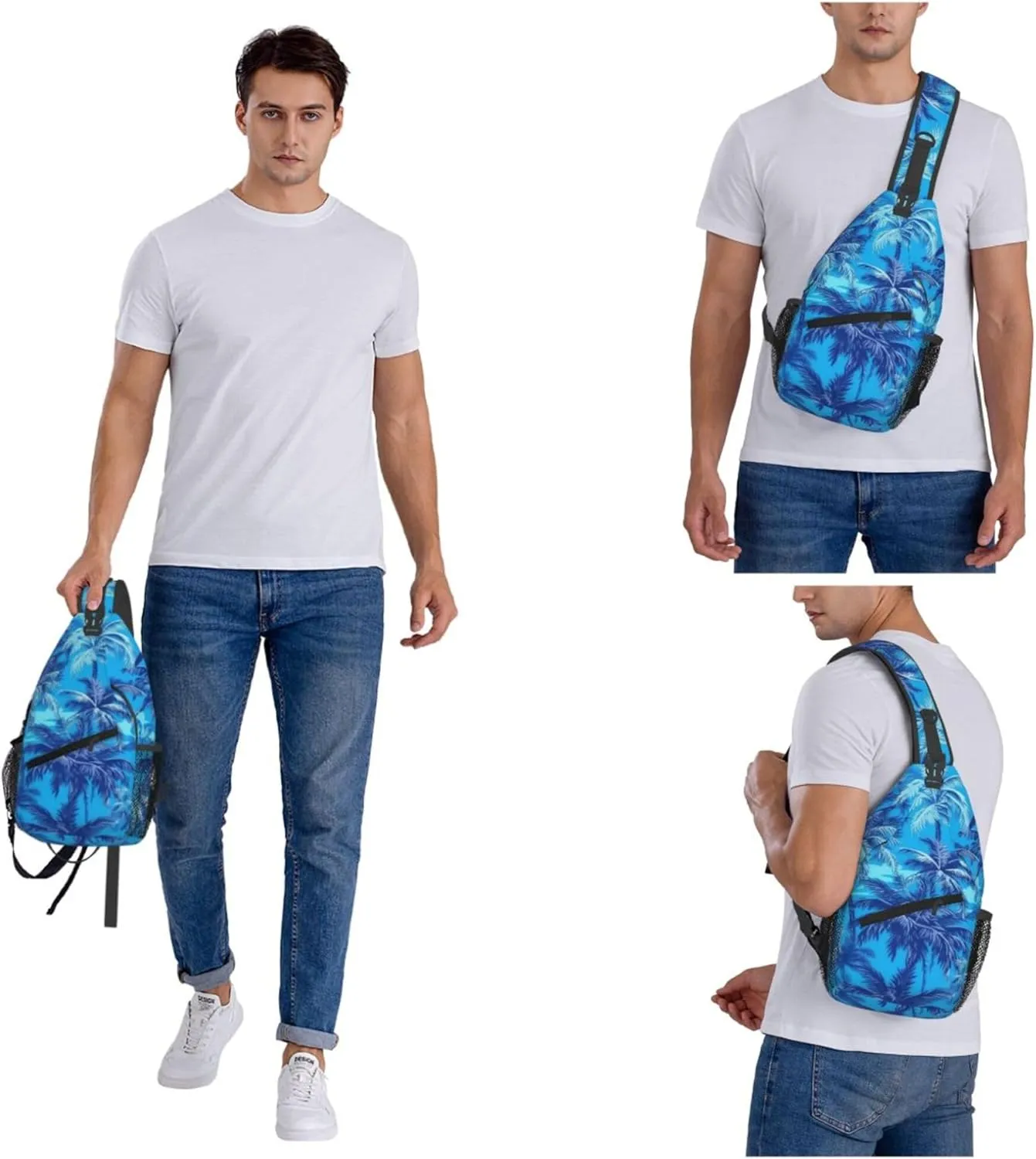 Blue Hawaii Palm Tree Sling Backpack Crossbody Bag, Chest Bag Daypack Fanny Pack Cross Body Bag for Outdoors Hiking Traveling