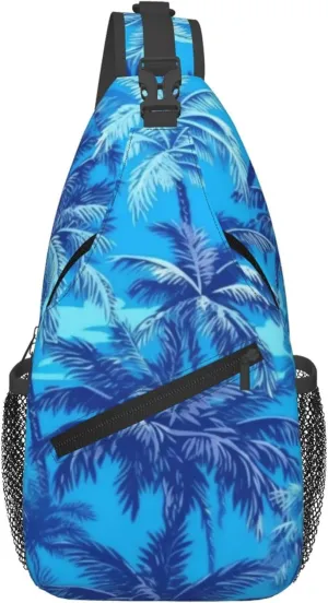 Blue Hawaii Palm Tree Sling Backpack Crossbody Bag, Chest Bag Daypack Fanny Pack Cross Body Bag for Outdoors Hiking Traveling