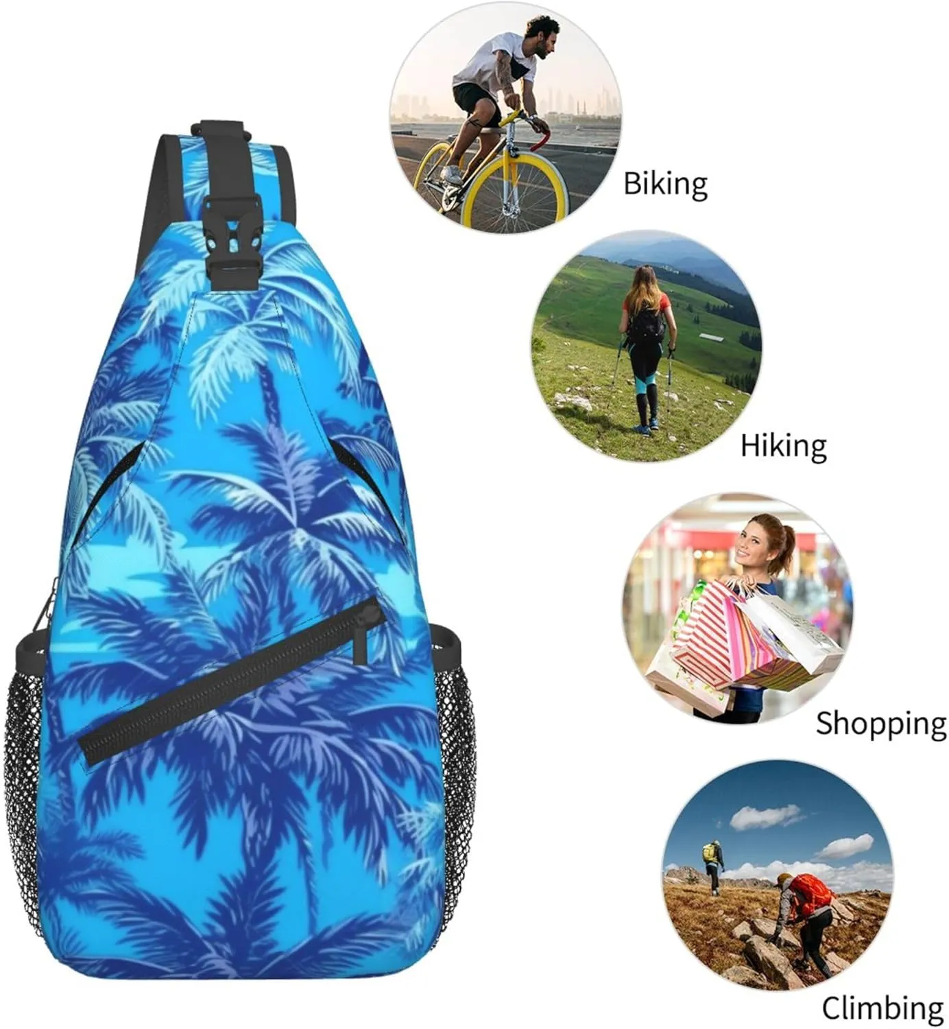 Blue Hawaii Palm Tree Sling Backpack Crossbody Bag, Chest Bag Daypack Fanny Pack Cross Body Bag for Outdoors Hiking Traveling