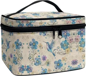 Blue Hummingbird Floral Pattern Travel Makeup Bags for Women Portable Tote Cosmetic Case with Carry Handle Toiletry Accessories Storage Organizer Bags