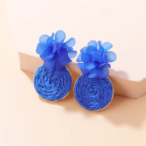 Blue Raffia Flower Drop Earrings