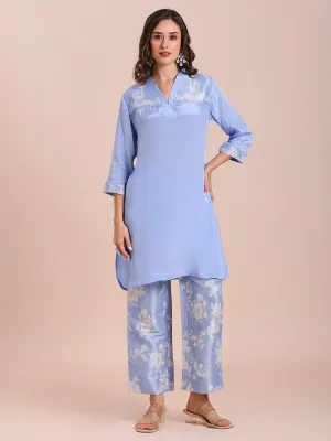 Blue Solid Top With Floral Printed Brocade Pant Set