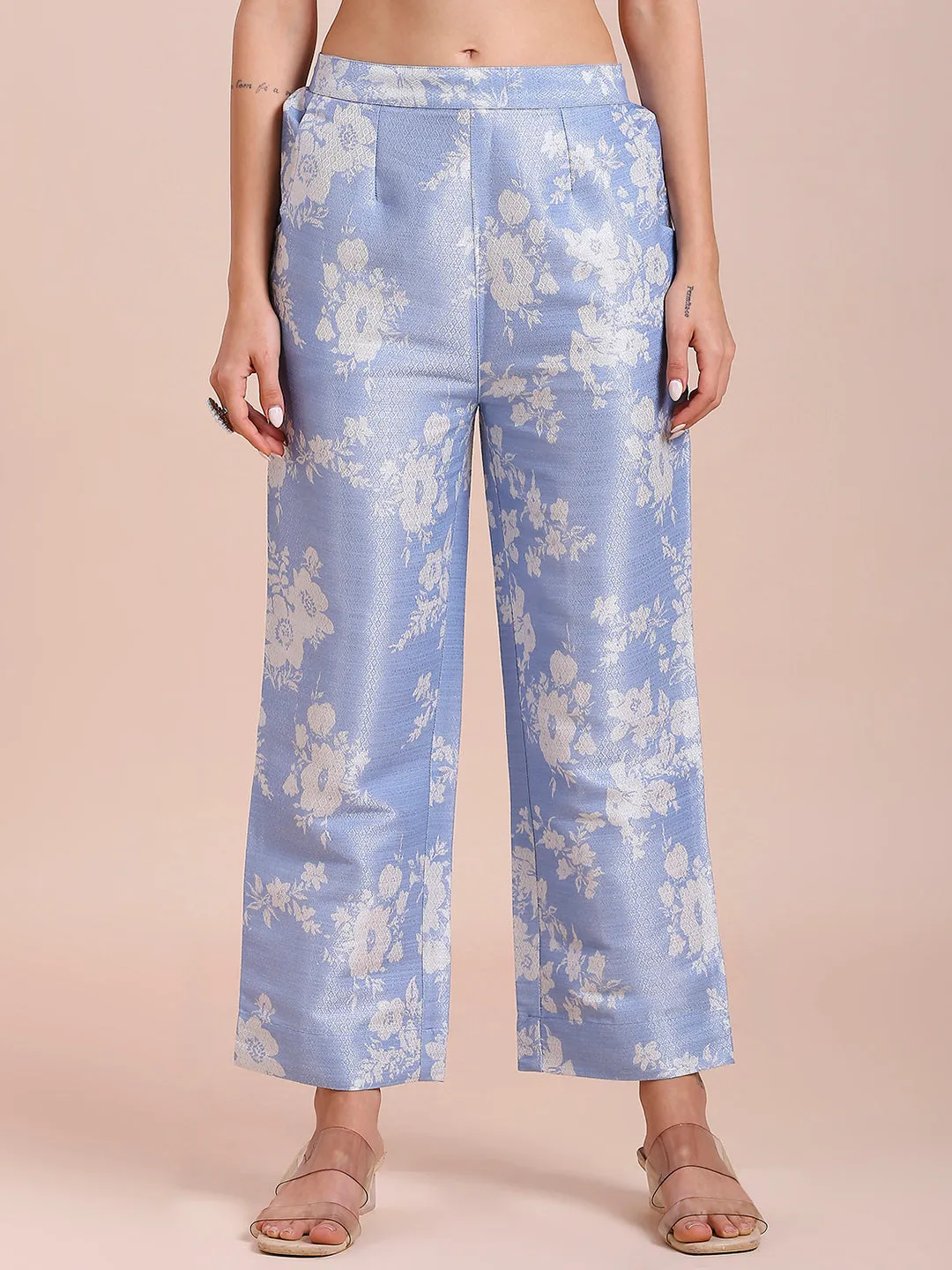 Blue Solid Top With Floral Printed Brocade Pant Set