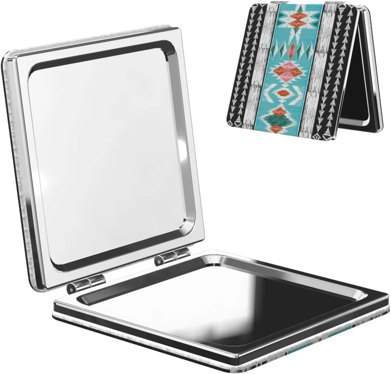 Blue Tribal Aztec Geometric Women Mini Cosmetic Mirror Folding Portable Pocket Makeup Mirror