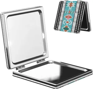 Blue Tribal Aztec Geometric Women Mini Cosmetic Mirror Folding Portable Pocket Makeup Mirror
