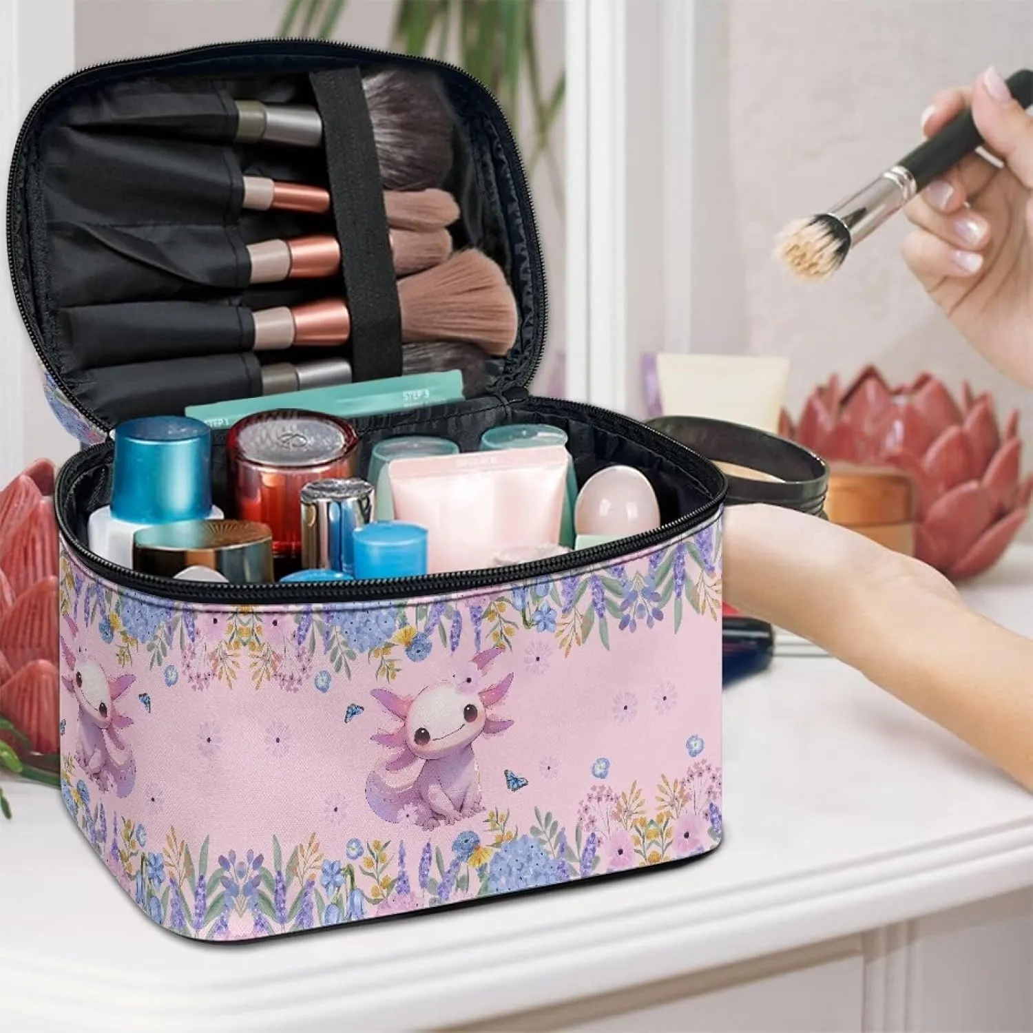 Boatee Axolotl Flower Cosmetic Bag Makeup Bag Women Floral Travel Toiletry Bag Daily Use Cosmetic Bags Pouch, Floral Prints Purse Large Pink
