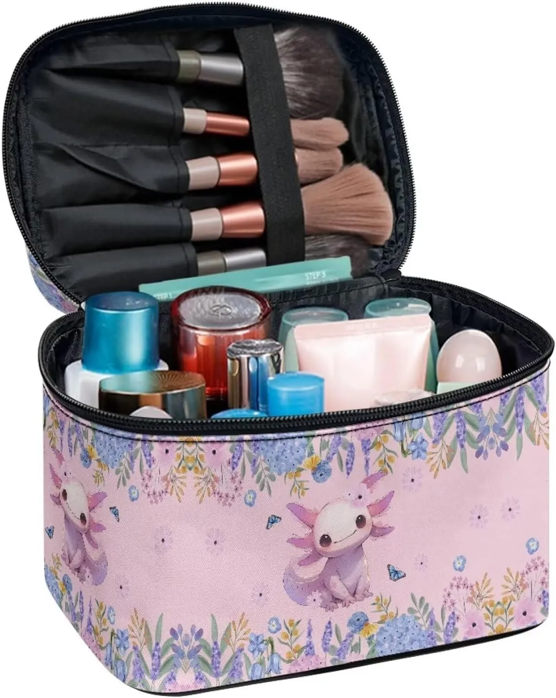 Boatee Axolotl Flower Cosmetic Bag Makeup Bag Women Floral Travel Toiletry Bag Daily Use Cosmetic Bags Pouch, Floral Prints Purse Large Pink
