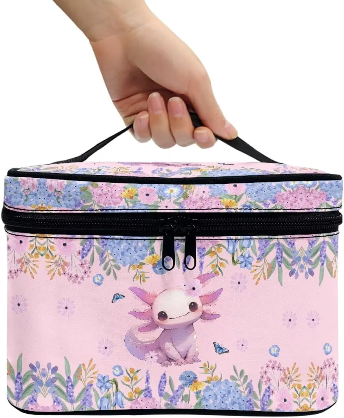 Boatee Axolotl Flower Cosmetic Bag Makeup Bag Women Floral Travel Toiletry Bag Daily Use Cosmetic Bags Pouch, Floral Prints Purse Large Pink