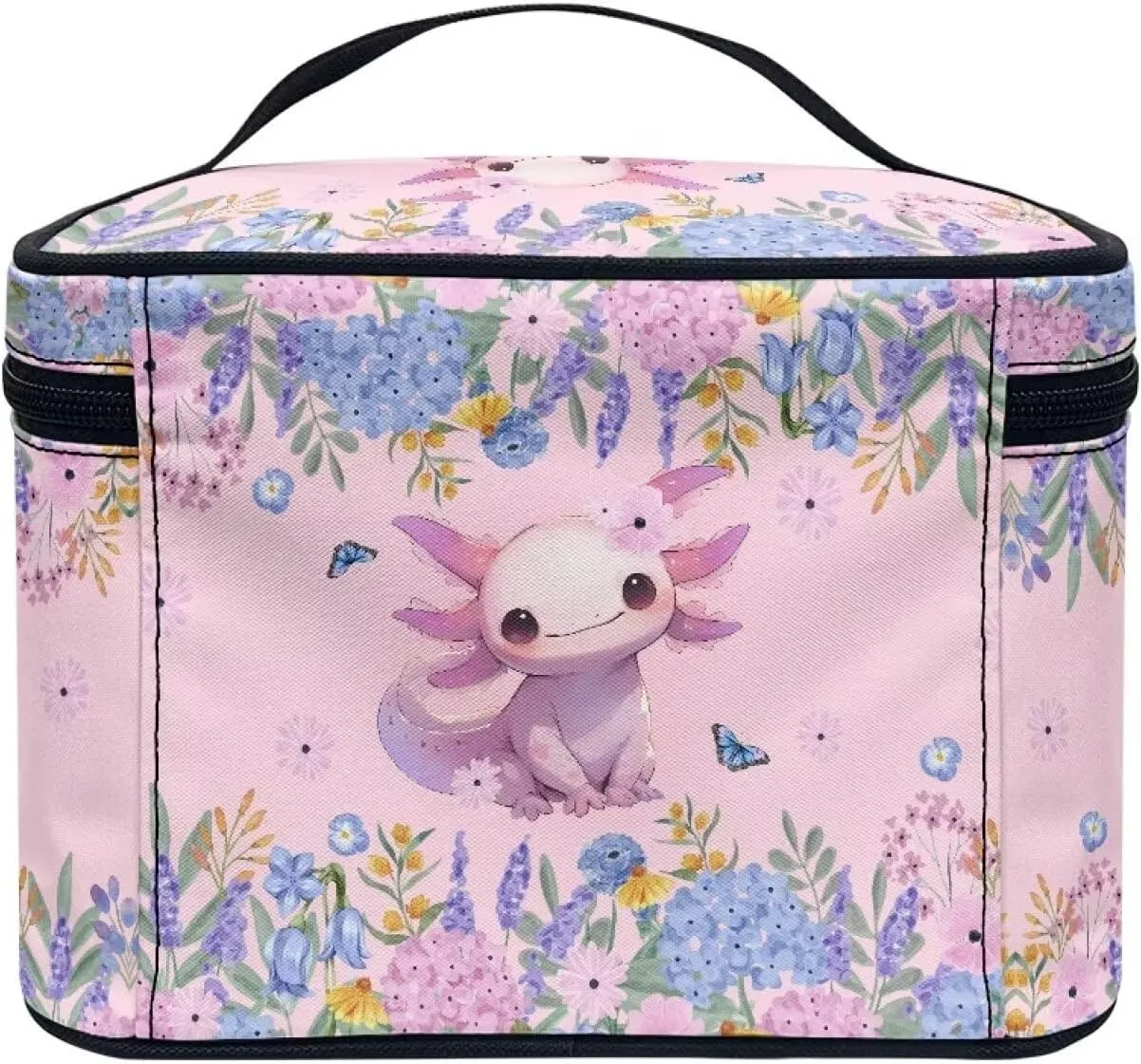 Boatee Axolotl Flower Cosmetic Bag Makeup Bag Women Floral Travel Toiletry Bag Daily Use Cosmetic Bags Pouch, Floral Prints Purse Large Pink