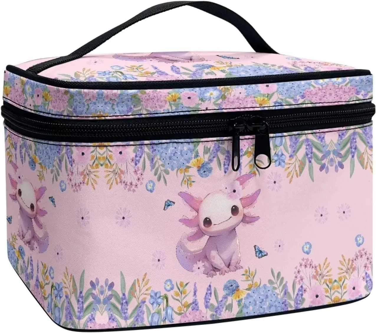 Boatee Axolotl Flower Cosmetic Bag Makeup Bag Women Floral Travel Toiletry Bag Daily Use Cosmetic Bags Pouch, Floral Prints Purse Large Pink