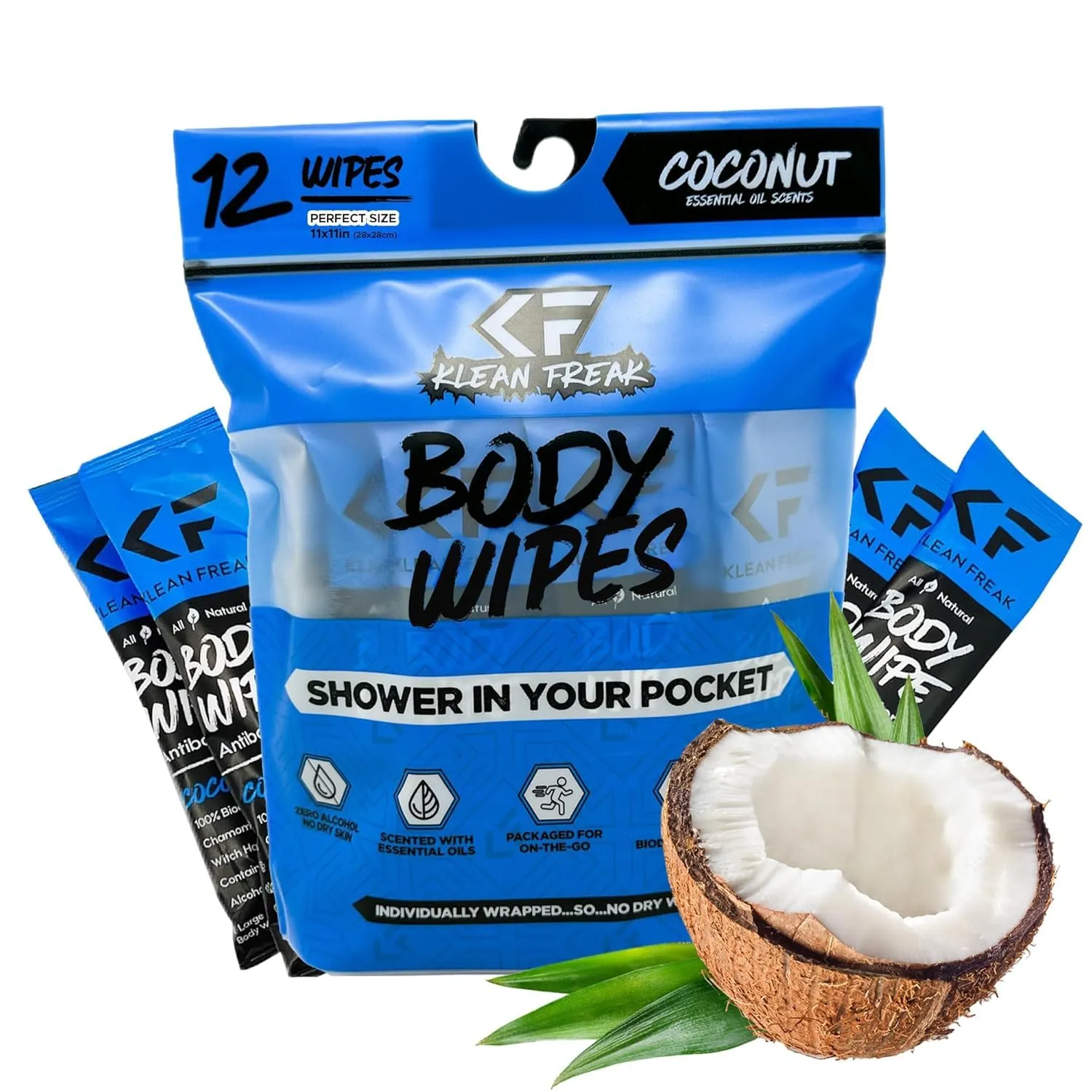 Body 12-Count Wipes - Original Disposable Wipes, Individually Wrapped for the Gym, Workout, Hiking, Travel, and Sport (Coconut)