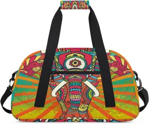 Bohemian Elephant Gym Duffel Bag for Men Women Striped Background Sports Tote Bag with Adjustable Shoulder Strap for Dance Gymnastics Traveling Outdoor Camping Overnight Stay