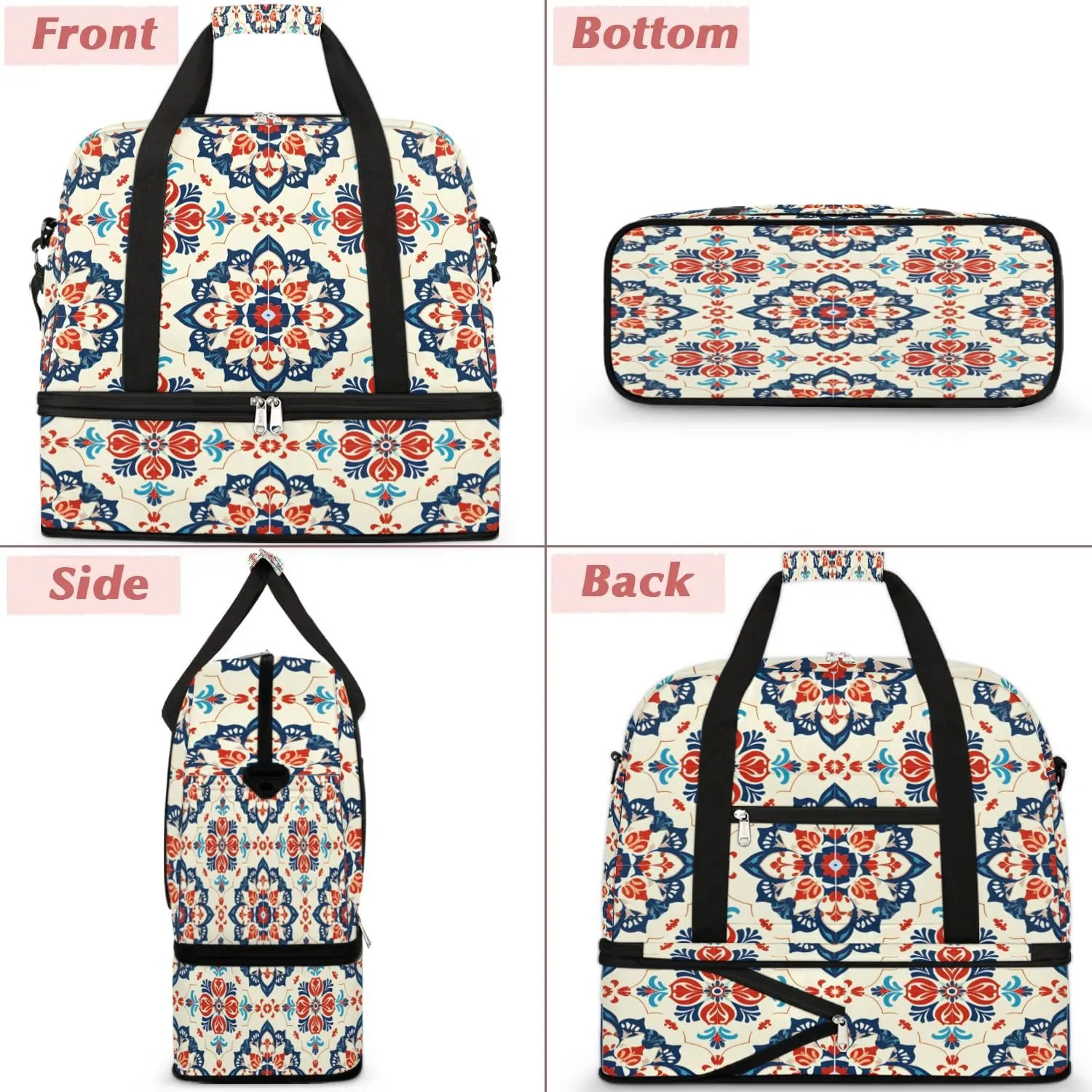 Boho Retro Print Colorful Travel Duffle Bag, Collapsible Travel Bag Sports Gym Bag With Shoes Compartment Weekender Bag Overnight Bag For Women Men