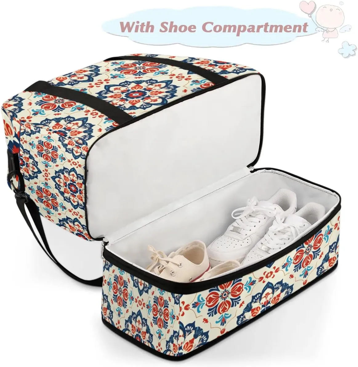 Boho Retro Print Colorful Travel Duffle Bag, Collapsible Travel Bag Sports Gym Bag With Shoes Compartment Weekender Bag Overnight Bag For Women Men