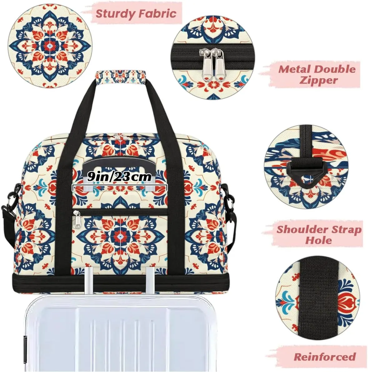 Boho Retro Print Colorful Travel Duffle Bag, Collapsible Travel Bag Sports Gym Bag With Shoes Compartment Weekender Bag Overnight Bag For Women Men