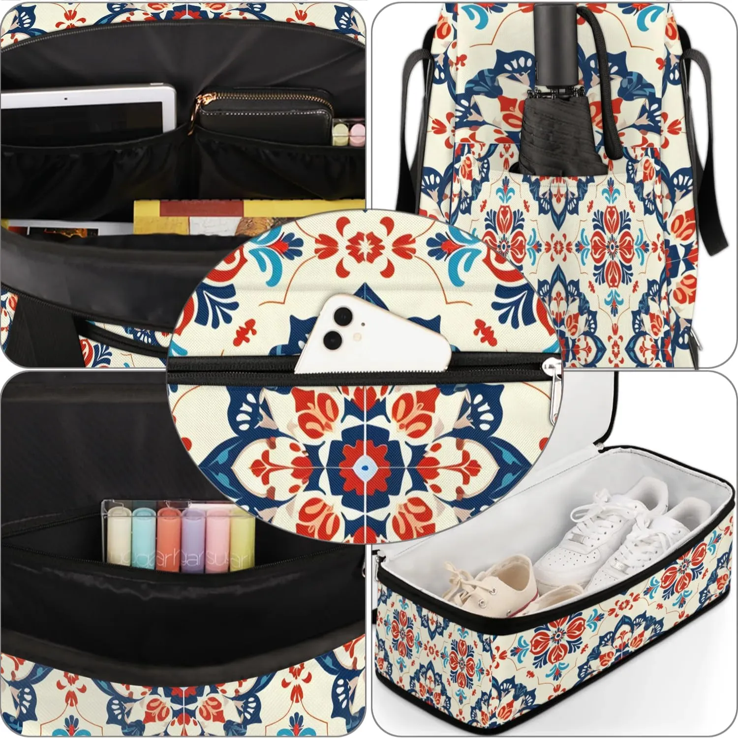 Boho Retro Print Colorful Travel Duffle Bag, Collapsible Travel Bag Sports Gym Bag With Shoes Compartment Weekender Bag Overnight Bag For Women Men