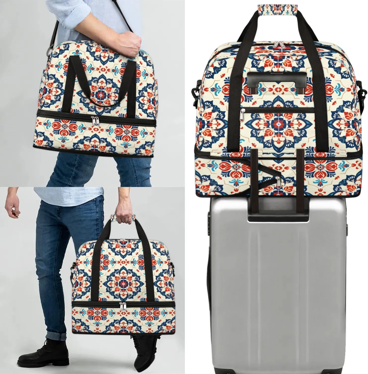 Boho Retro Print Colorful Travel Duffle Bag, Collapsible Travel Bag Sports Gym Bag With Shoes Compartment Weekender Bag Overnight Bag For Women Men