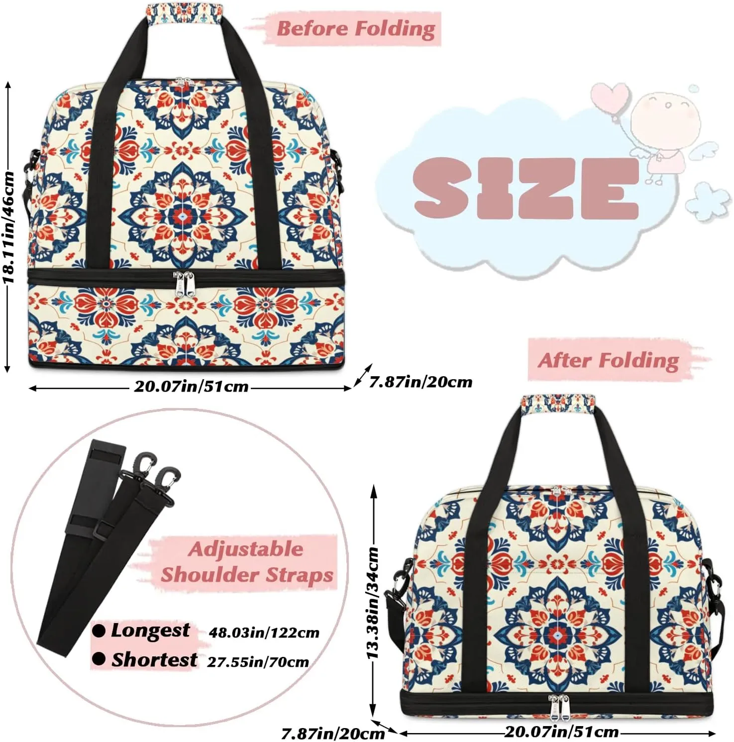 Boho Retro Print Colorful Travel Duffle Bag, Collapsible Travel Bag Sports Gym Bag With Shoes Compartment Weekender Bag Overnight Bag For Women Men