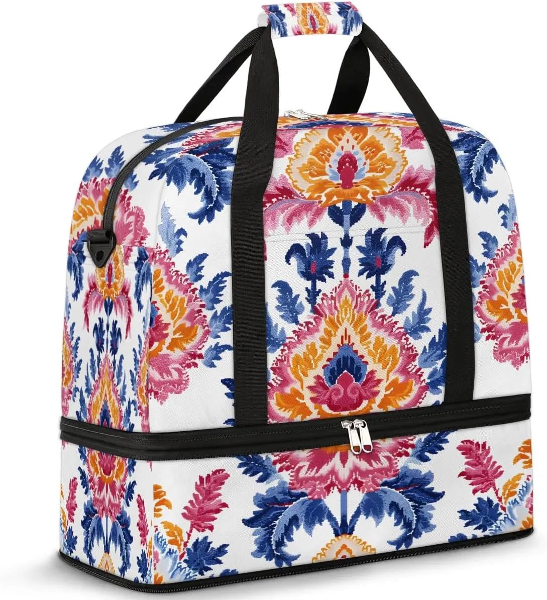Boho Retro Print Floral Travel Duffle Bag, Collapsible Travel Bag Sports Gym Bag With Shoes Compartment Weekender Bag Overnight Bag For Women Men