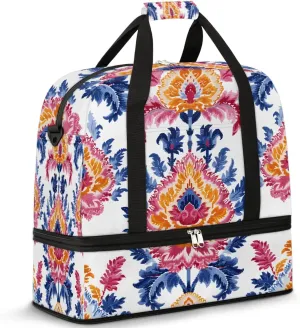 Boho Retro Print Floral Travel Duffle Bag, Collapsible Travel Bag Sports Gym Bag With Shoes Compartment Weekender Bag Overnight Bag For Women Men