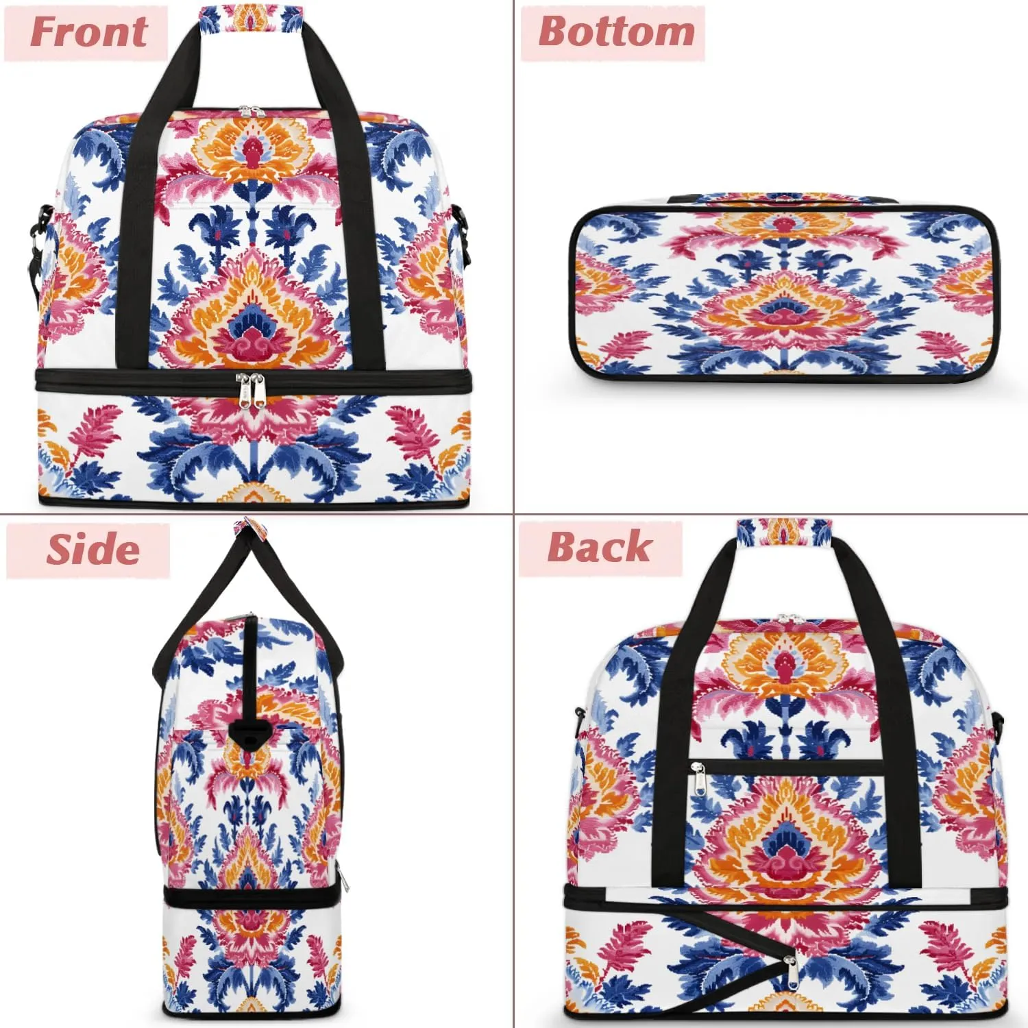 Boho Retro Print Floral Travel Duffle Bag, Collapsible Travel Bag Sports Gym Bag With Shoes Compartment Weekender Bag Overnight Bag For Women Men
