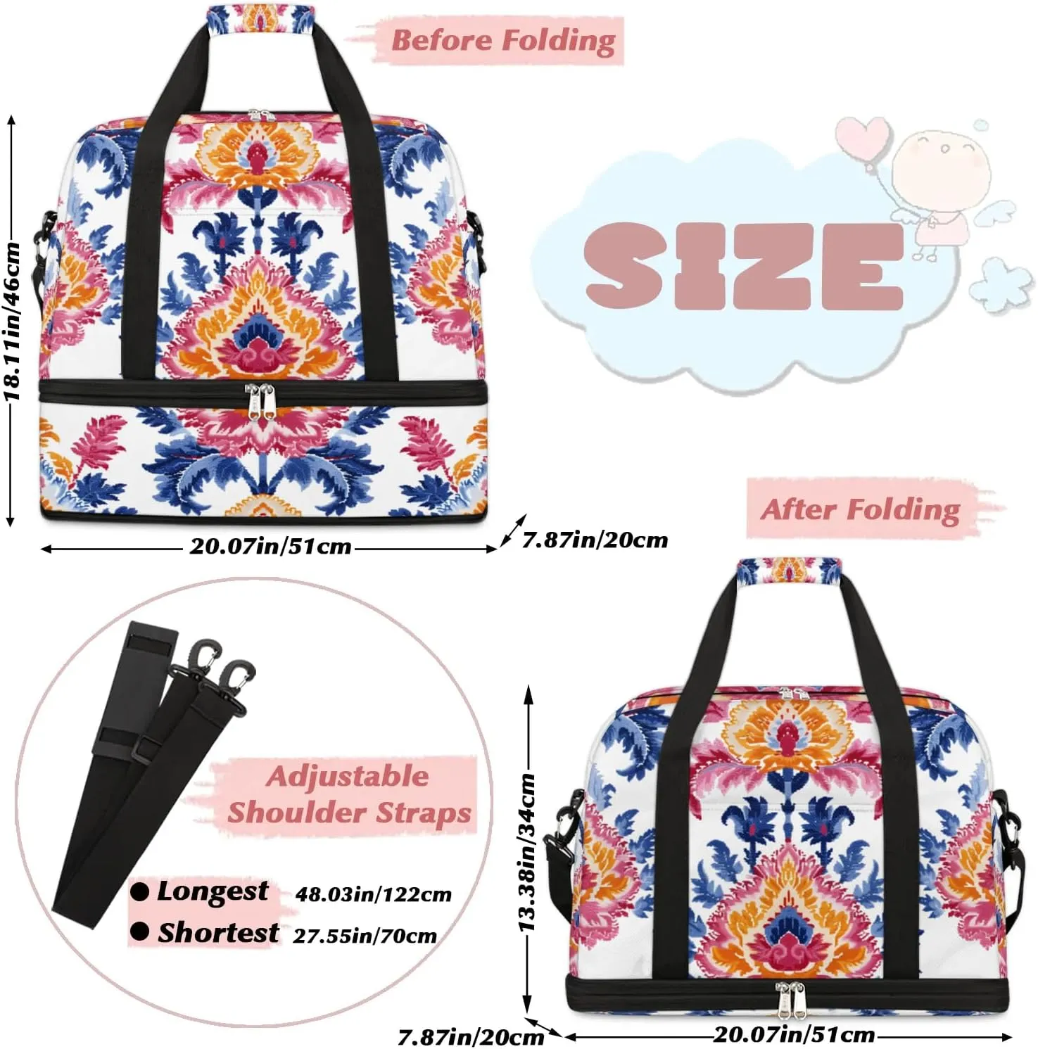 Boho Retro Print Floral Travel Duffle Bag, Collapsible Travel Bag Sports Gym Bag With Shoes Compartment Weekender Bag Overnight Bag For Women Men