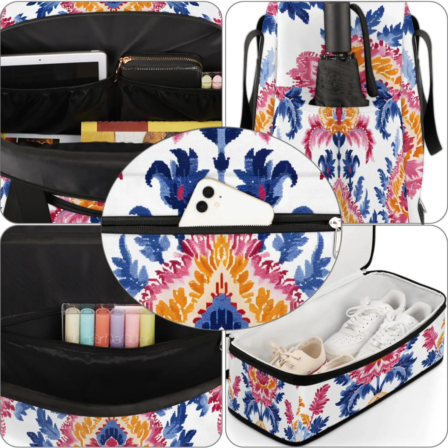 Boho Retro Print Floral Travel Duffle Bag, Collapsible Travel Bag Sports Gym Bag With Shoes Compartment Weekender Bag Overnight Bag For Women Men