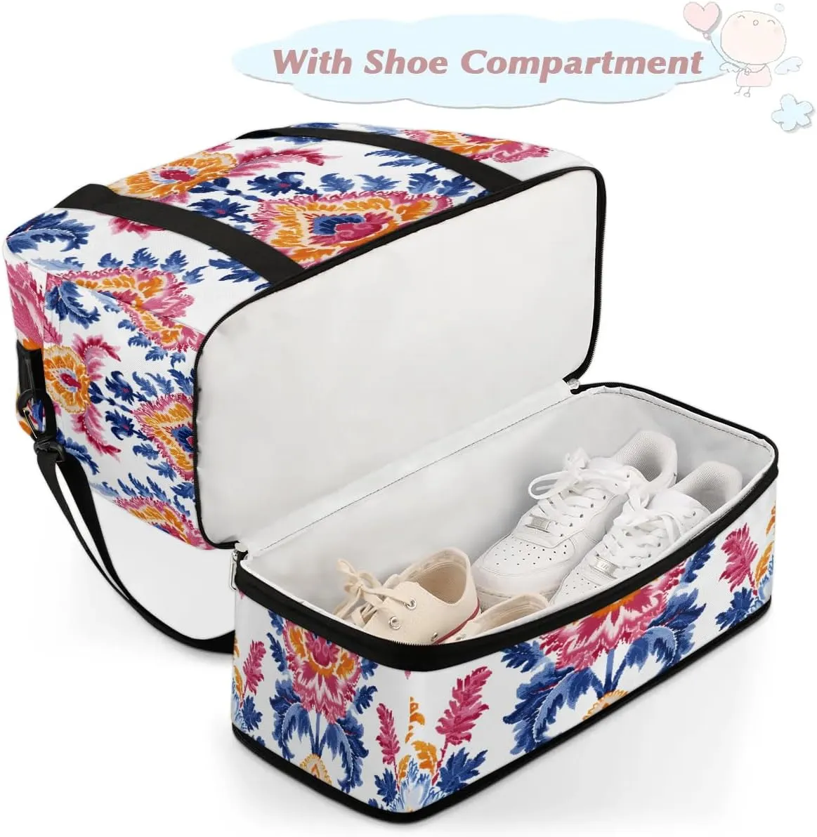 Boho Retro Print Floral Travel Duffle Bag, Collapsible Travel Bag Sports Gym Bag With Shoes Compartment Weekender Bag Overnight Bag For Women Men