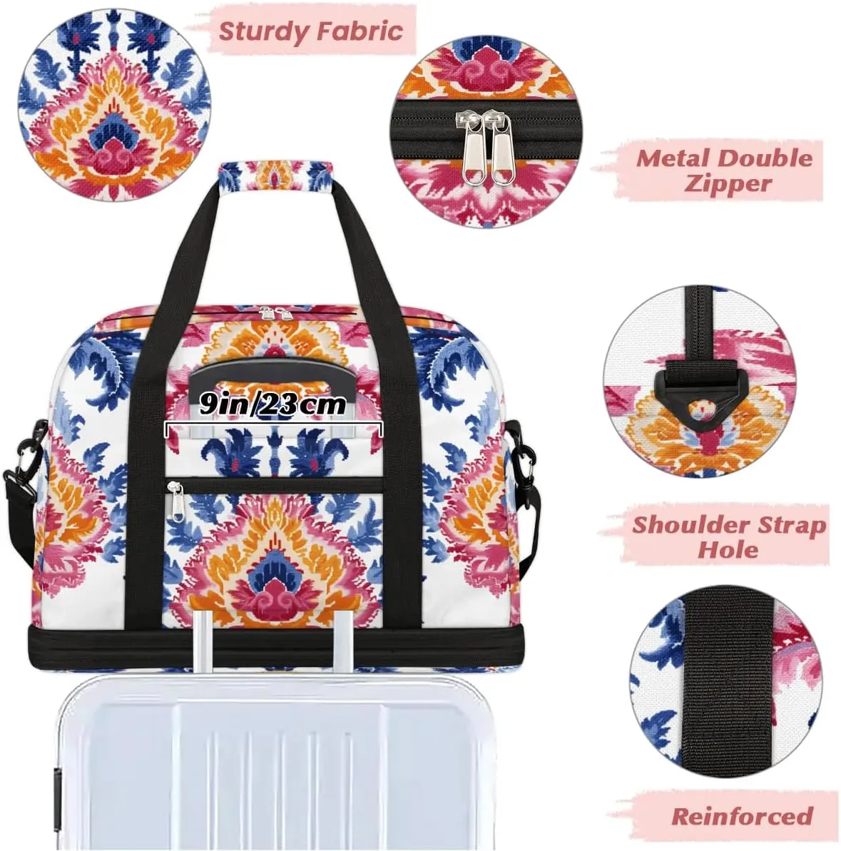 Boho Retro Print Floral Travel Duffle Bag, Collapsible Travel Bag Sports Gym Bag With Shoes Compartment Weekender Bag Overnight Bag For Women Men