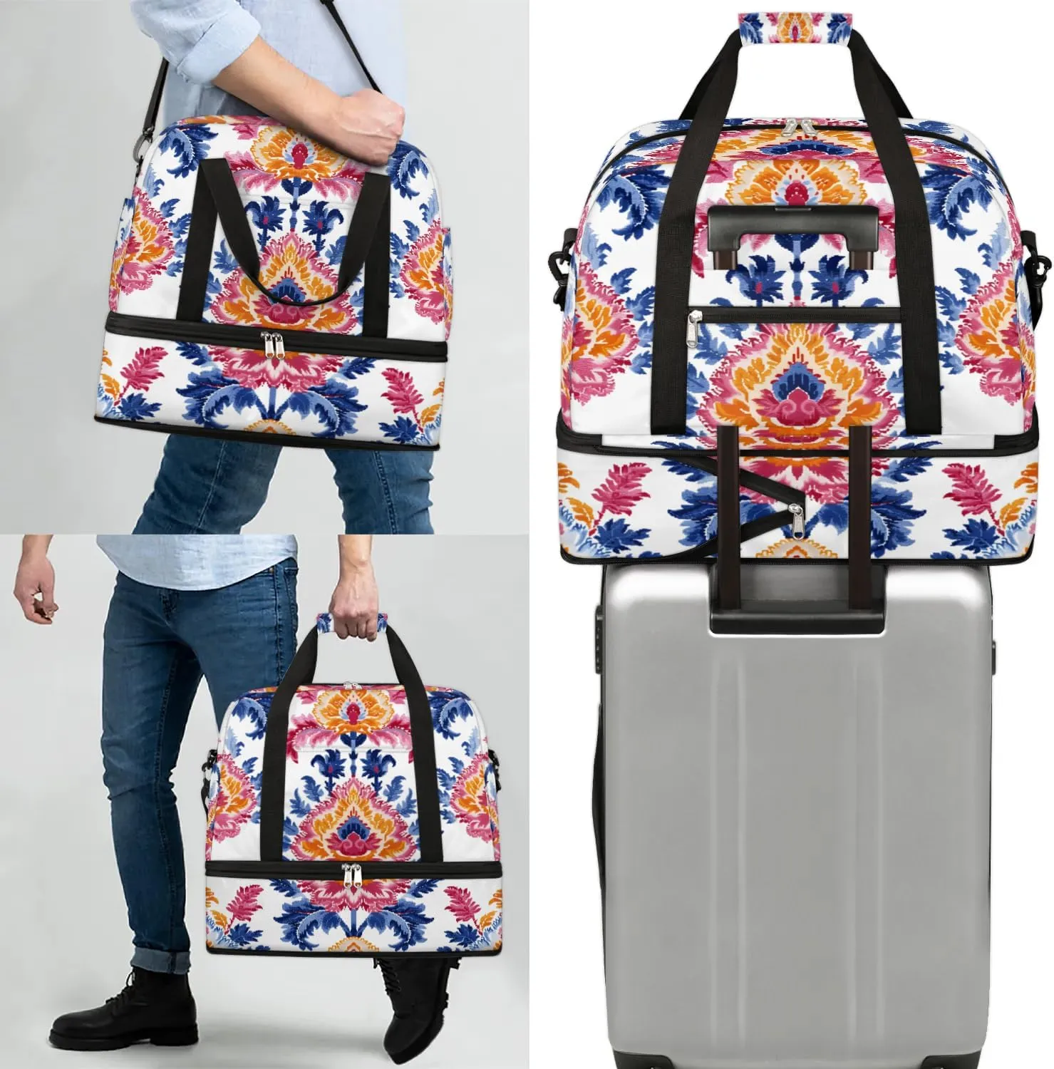 Boho Retro Print Floral Travel Duffle Bag, Collapsible Travel Bag Sports Gym Bag With Shoes Compartment Weekender Bag Overnight Bag For Women Men