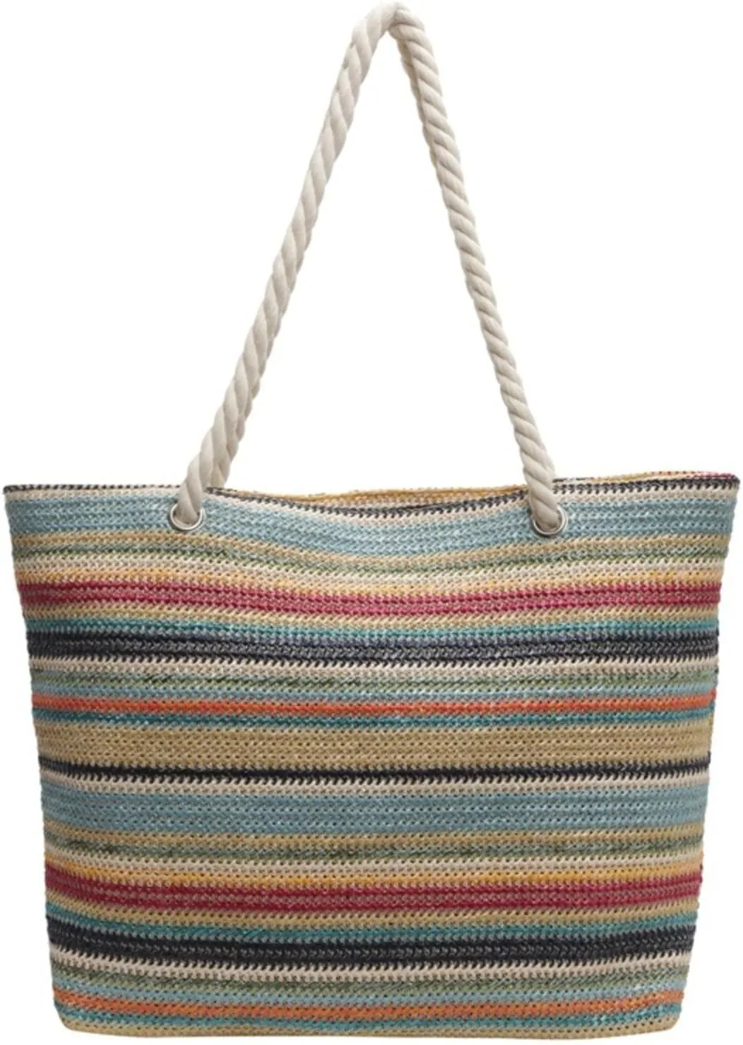 Boho Tote Bag Large Capacity Tote Bag Fashion Shoulder Bag for Women Striped Straw Tote Bag with Zipper