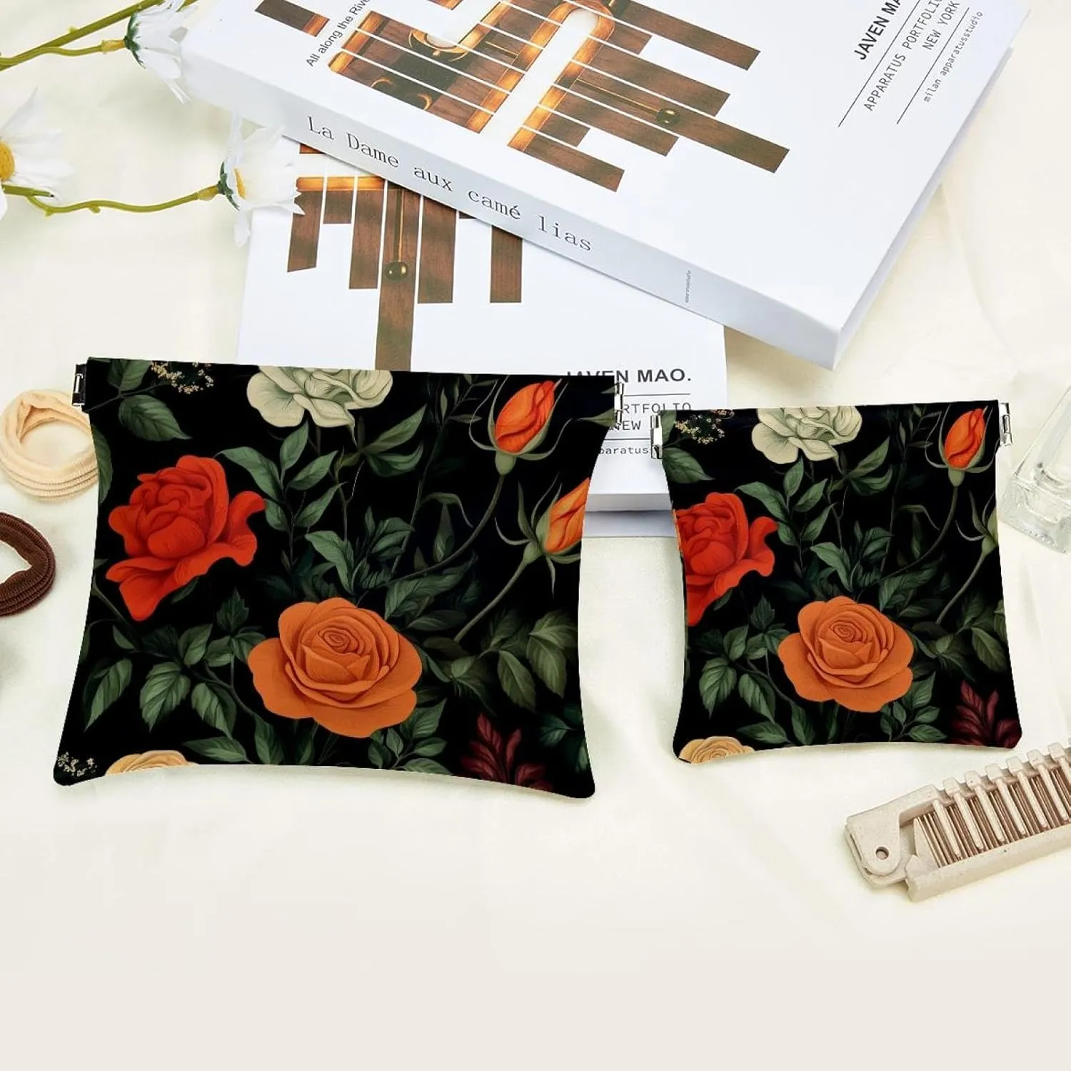 Botanical Floral Roses Herbs and Leaves Pocket Cosmetic Bag, Waterproof Squeeze Makeup Bag No Zipper Self-Closing, Portable Mini Travel Storage for Headphones Jewelry