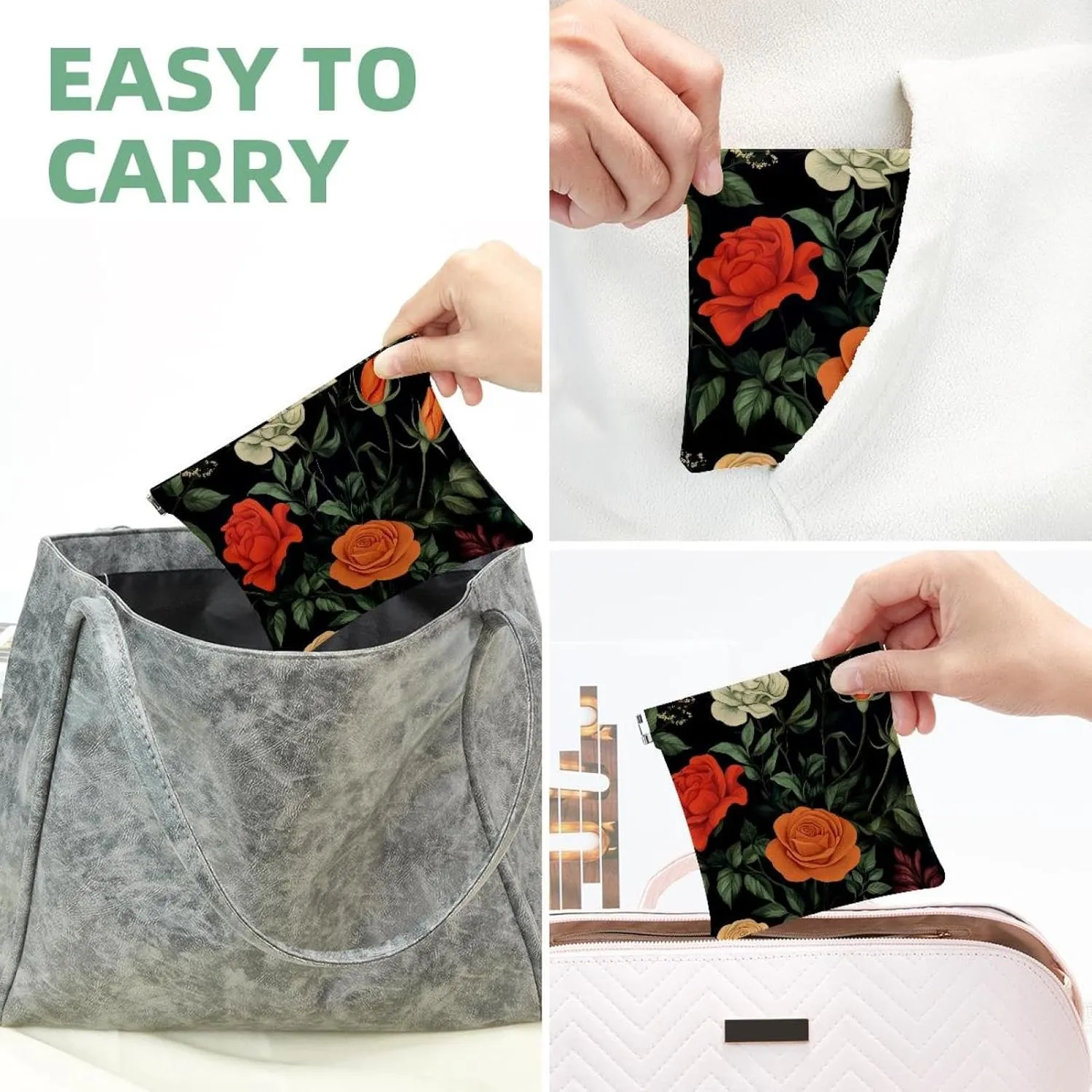Botanical Floral Roses Herbs and Leaves Pocket Cosmetic Bag, Waterproof Squeeze Makeup Bag No Zipper Self-Closing, Portable Mini Travel Storage for Headphones Jewelry