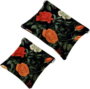 Botanical Floral Roses Herbs and Leaves Pocket Cosmetic Bag, Waterproof Squeeze Makeup Bag No Zipper Self-Closing, Portable Mini Travel Storage for Headphones Jewelry