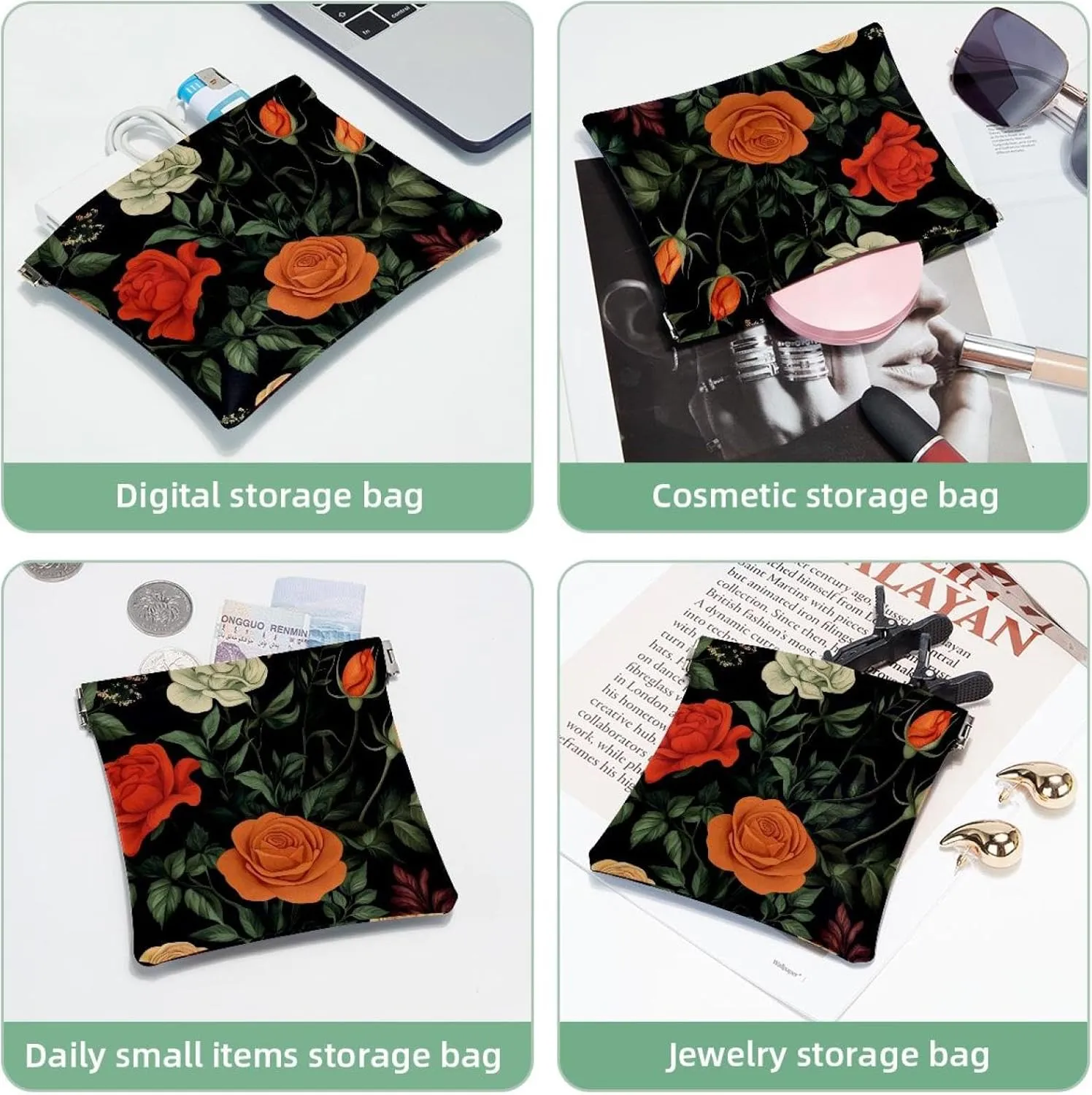 Botanical Floral Roses Herbs and Leaves Pocket Cosmetic Bag, Waterproof Squeeze Makeup Bag No Zipper Self-Closing, Portable Mini Travel Storage for Headphones Jewelry