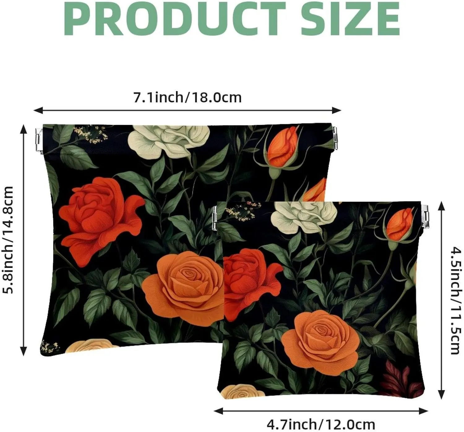 Botanical Floral Roses Herbs and Leaves Pocket Cosmetic Bag, Waterproof Squeeze Makeup Bag No Zipper Self-Closing, Portable Mini Travel Storage for Headphones Jewelry
