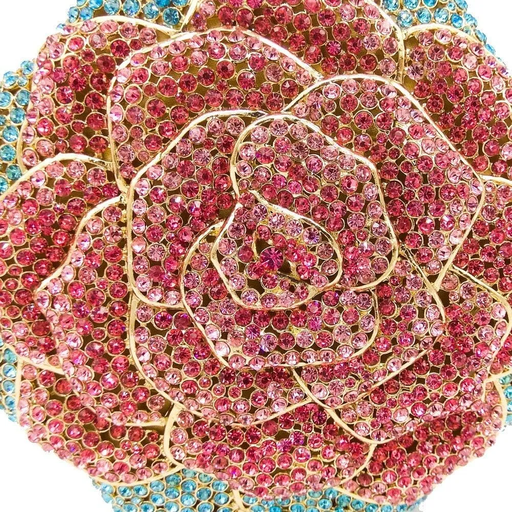 Boutique De FGG Rose Crystal Clutch Purse Women Flower Evening Bag Wedding Party Prom Bridal Rhinestone Floral Handbag,Mini