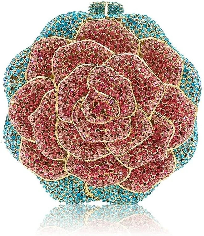 Boutique De FGG Rose Crystal Clutch Purse Women Flower Evening Bag Wedding Party Prom Bridal Rhinestone Floral Handbag,Mini