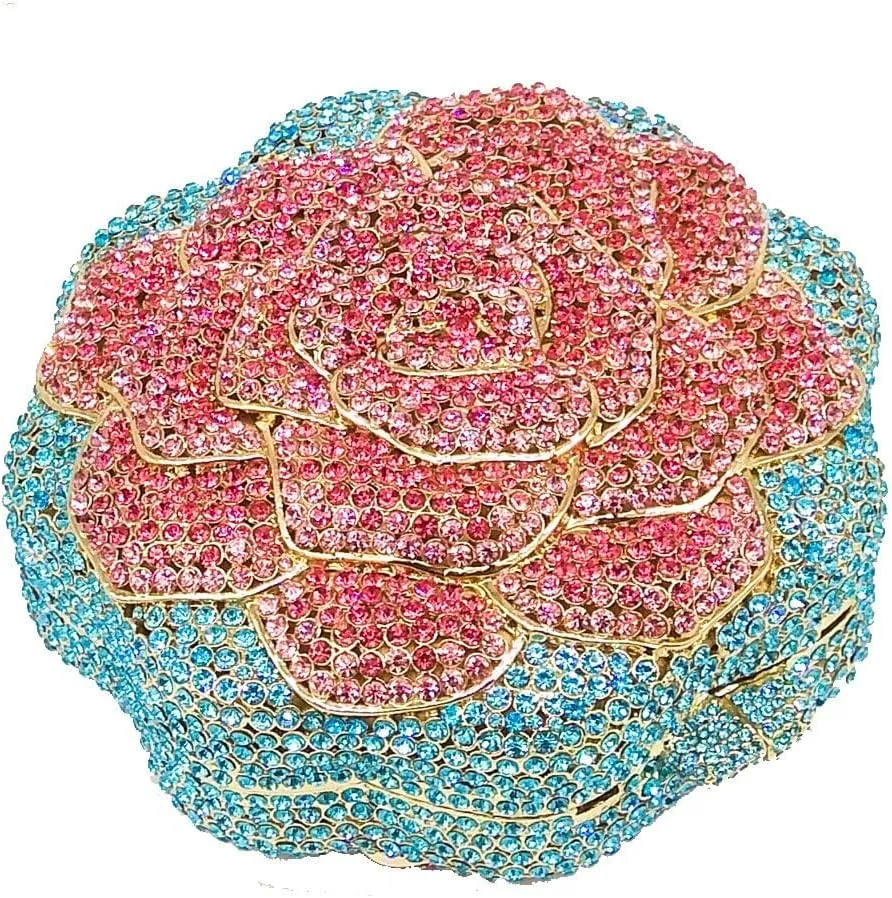 Boutique De FGG Rose Crystal Clutch Purse Women Flower Evening Bag Wedding Party Prom Bridal Rhinestone Floral Handbag,Mini