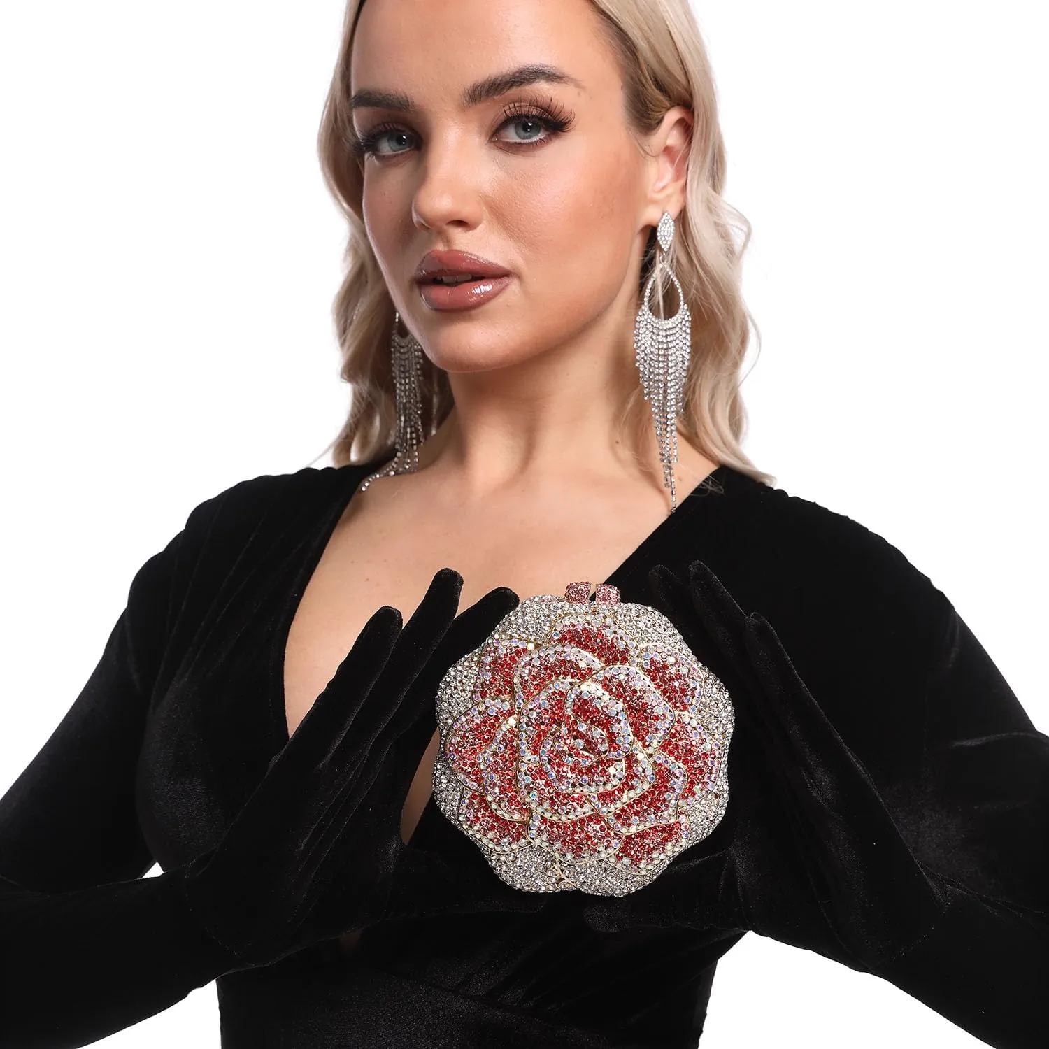 Boutique De FGG Rose Crystal Clutch Purse Women Flower Evening Bag Wedding Party Prom Bridal Rhinestone Floral Handbag,Mini