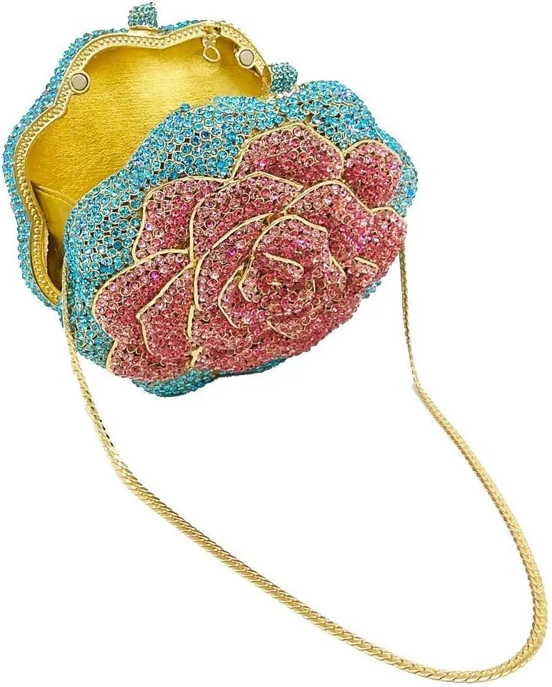 Boutique De FGG Rose Crystal Clutch Purse Women Flower Evening Bag Wedding Party Prom Bridal Rhinestone Floral Handbag,Mini