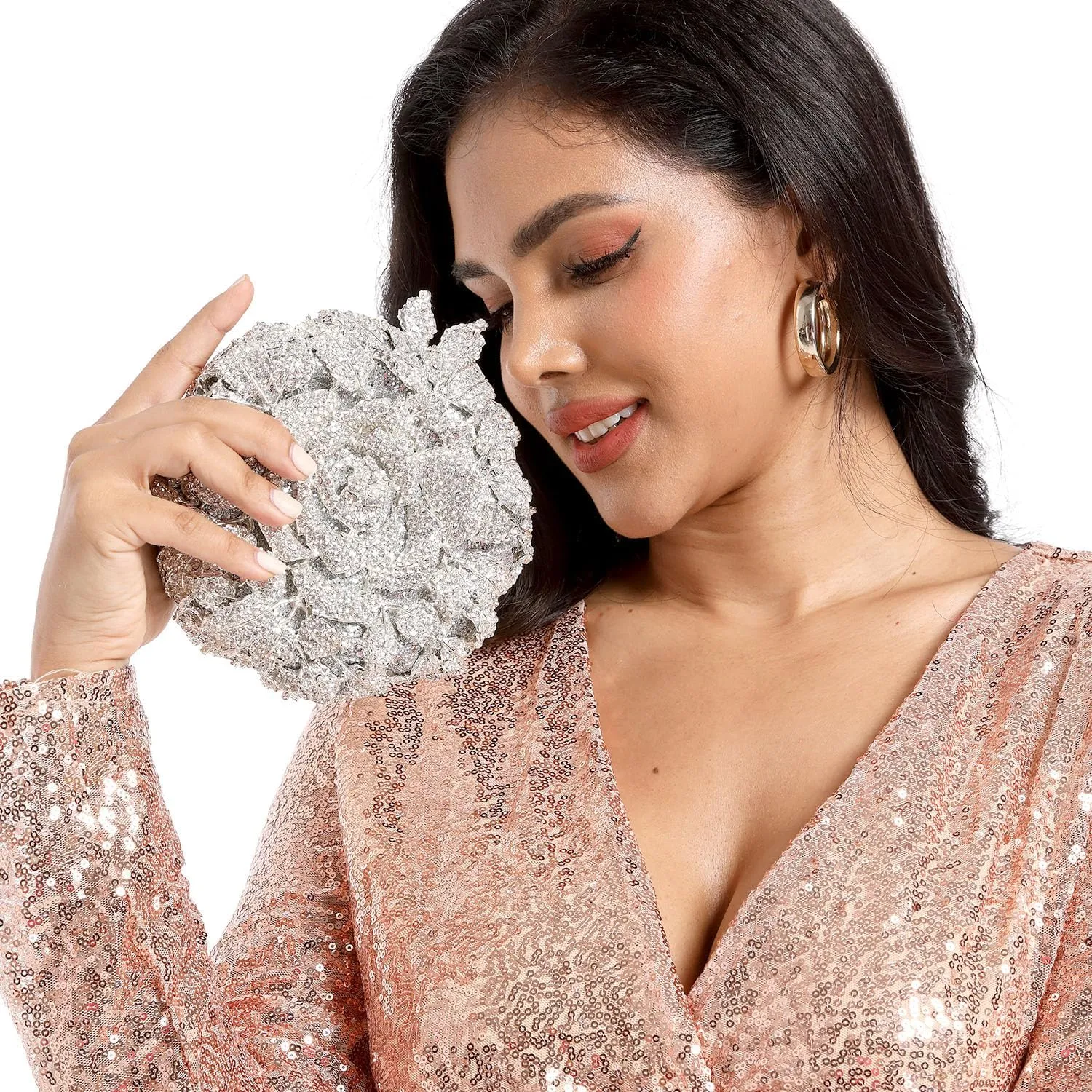 Boutique De FGG Round Rose Flower Crystal Clutch Purses for Women Formal Evening Bags Wedding Clutch Bag Party Handbags,Mini