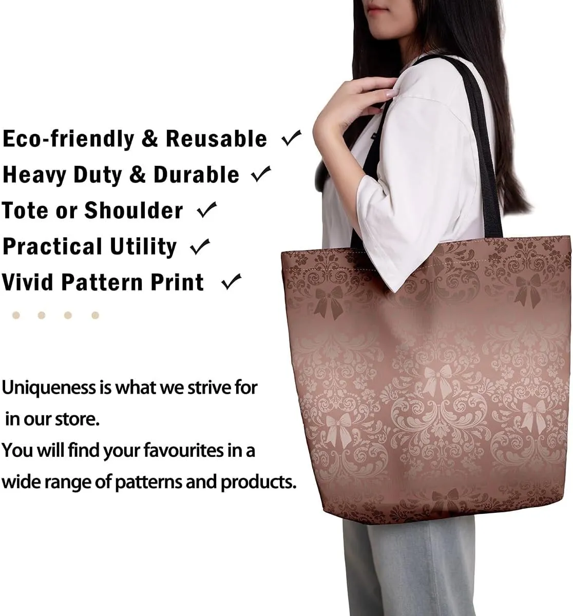 Bow Knot Canvas Tote Bag for Women,Antique Victorian Damask Bowknot Travel Toiletry Bag