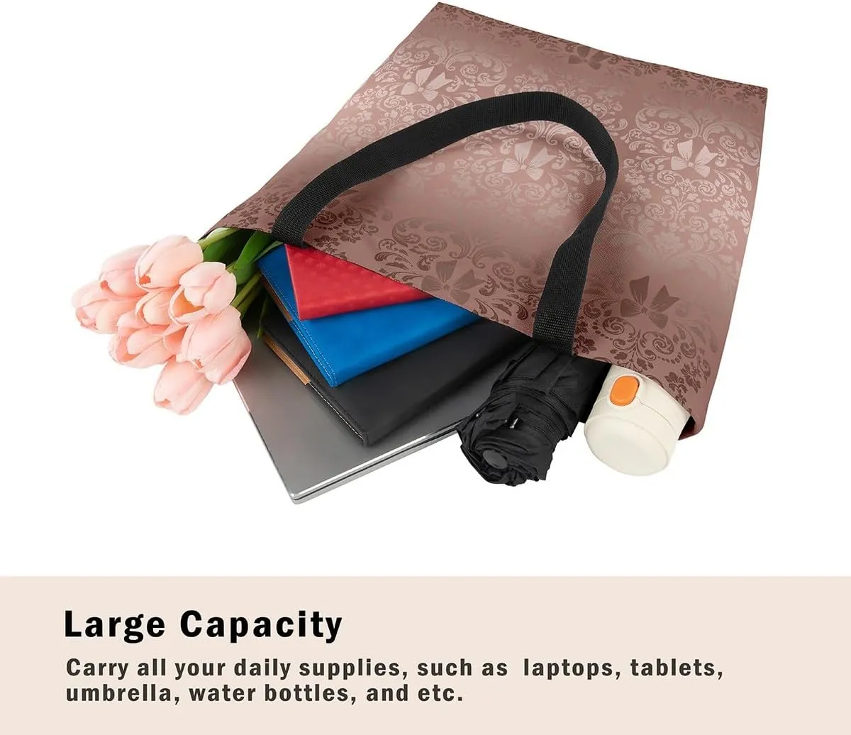 Bow Knot Canvas Tote Bag for Women,Antique Victorian Damask Bowknot Travel Toiletry Bag
