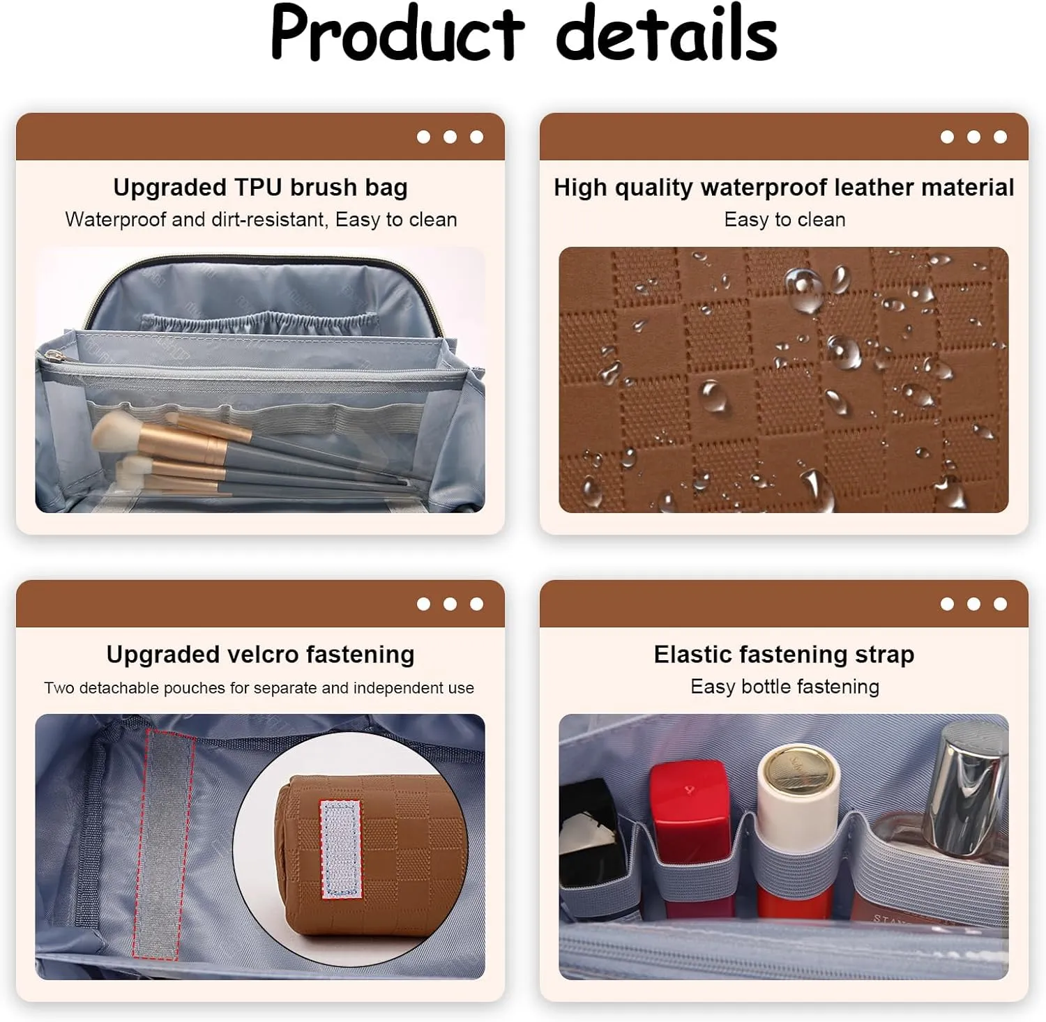 BOYATU Travel Makeup Bag Organizer Cosmetic Bag: 3 Pcs Set Make up Bags for Women with Handle - Waterproof Vegan Leather Toiletry Bags with Comparments (C-03-Brown)